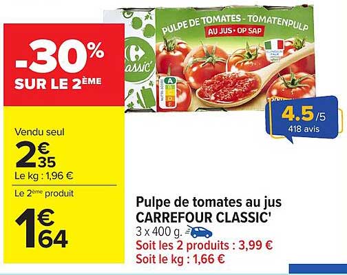 Pulpe de tomates au jus CARREFOUR CLASSIC'