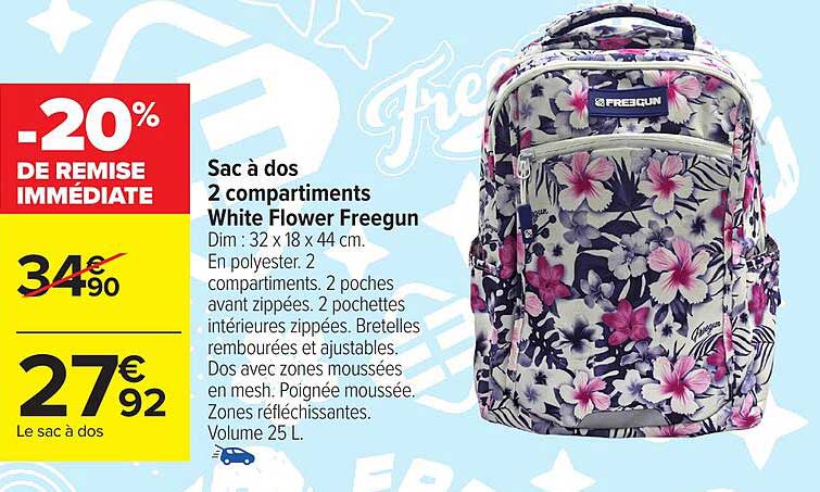 Sac à dos 2 compartiments White Flower Freegun