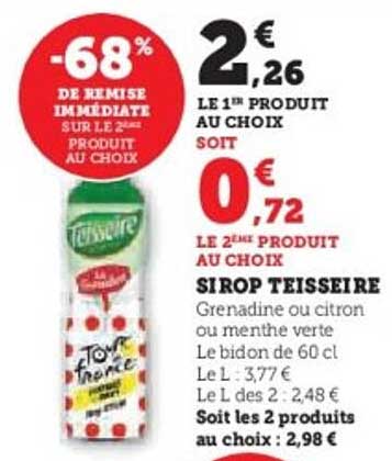 SIROP TEISSEIRE Grenadine ou citron ou menthe verte