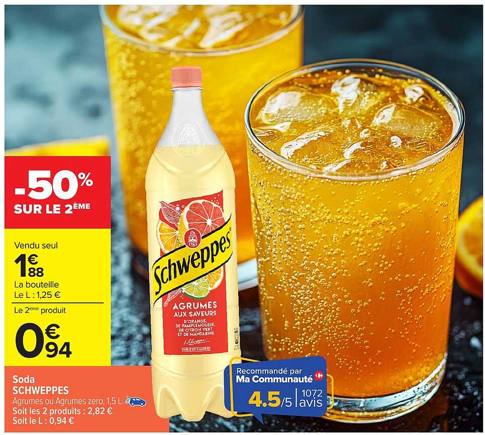 Soda SCHWEPPES Agrumes ou Agrumes zero, 1,5 L.