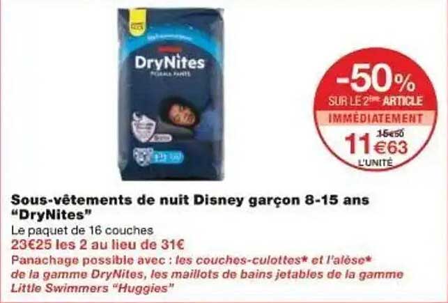 Sous-vêtements de nuit Disney garçon 8-15 ans "DryNites"
