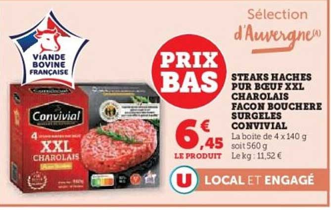 STEAKS HACHÉS PUR BŒUF XXL CHAROLAIS FAÇON BOUCHÈRE SURGELÉS CONVIVIAL