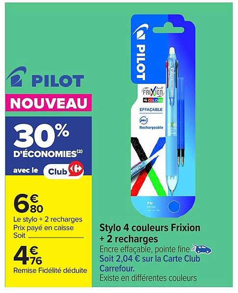 Stylo 4 couleurs Frixion + 2 recharges