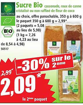 Sucre Bio cassonade, roux de canne cristallisé ou non raffiné de fleur de coco