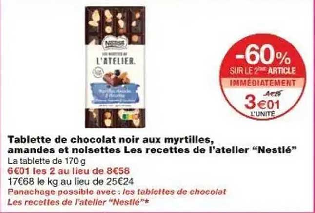 Tablette de chocolat noir aux myrtilles, amandes et noisettes Les recettes de l'atelier 'Nestlé'