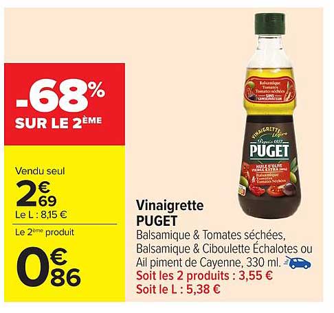 Vinaigrette PUGET Balsamique & Tomates séchées, Balsamique & Ciboulette Échalotes ou Ail piment de Cayenne, 330 ml