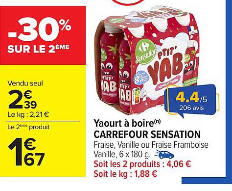 Yaourt à boire(n) CARREFOUR SENSATION Fraise, Vanille ou Fraise Framboise Vanille, 6 x 180 g