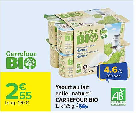 Yaourt au lait entier nature(n) CARREFOUR BIO 12 x 125 g