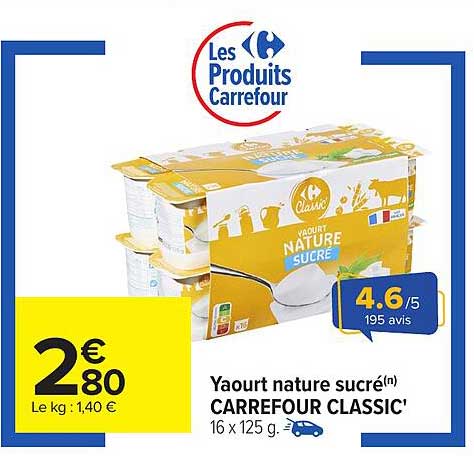Yaourt nature sucré CARREFOUR CLASSIC'