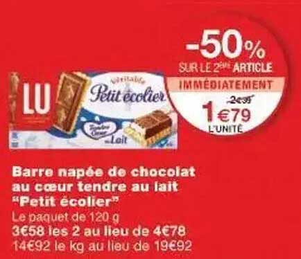 Barre napée de chocolat au cœur tendre au lait "Petit écolier"