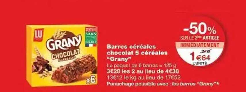 Barres céréales chocolat 5 céréales “Grany”