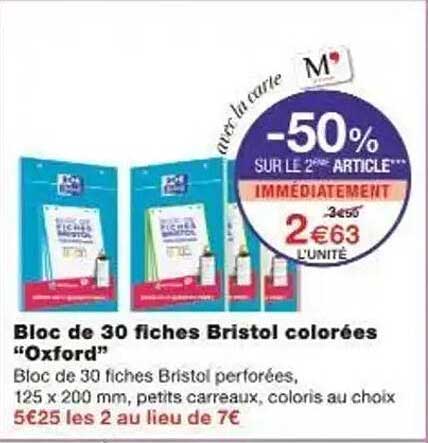 Bloc de 30 fiches Bristol colorées “Oxford”