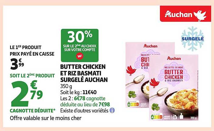 BUTTER CHICKEN ET RIZ BASMATI SURGELÉ AUCHAN