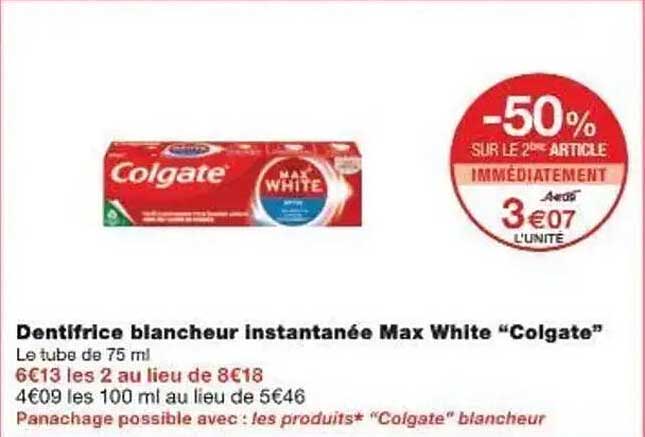 Dentifrice blancheur instantanée Max White "Colgate"