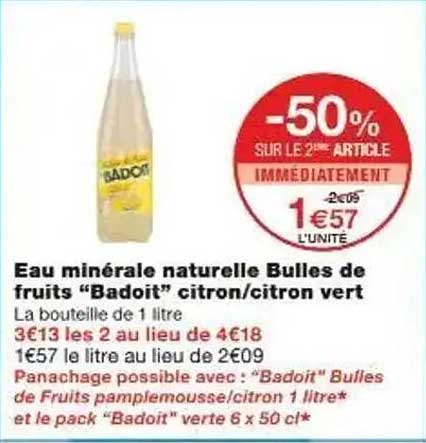 Eau minérale nature Bulles de fruits “Badoit” citron/citron vert
