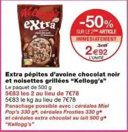 Extra pépites d'avoine chocolat noir et noisettes grillées "Kellogg's"