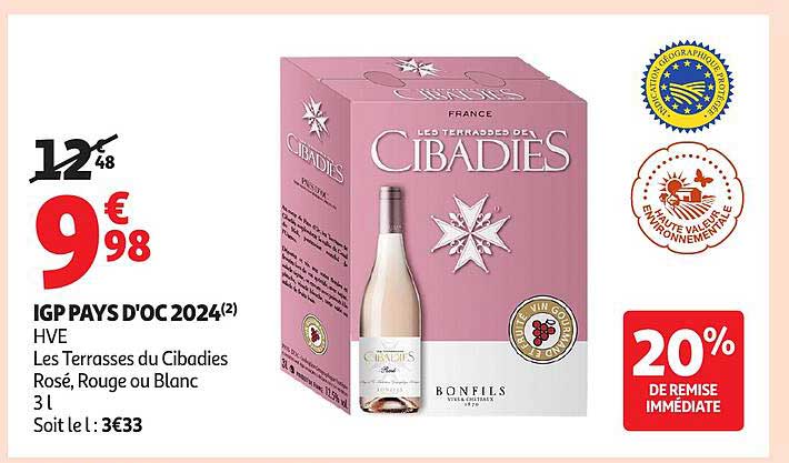 IGP PAYS D'OC 2024 HVE Les Terrasses du Cibanies Rosé, Rouge ou Blanc