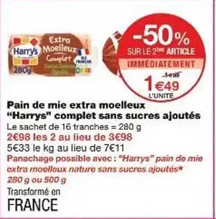 Pain de mie extra moelleux "Harry's" complet sans sucres ajoutés