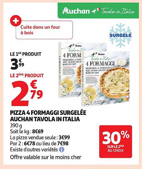 PIZZA 4 FORMAGGI SURGELÉE AUCHAN TAVOLA IN ITALIA