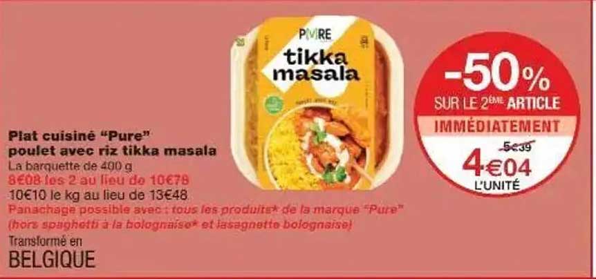 Plat cuisiné “Pure” poulet avec riz tikka masala