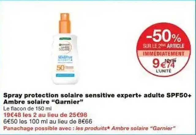 Spray protection solaire sensitive expert+ adulte SPF50+ Ambre solaire "Garnier"