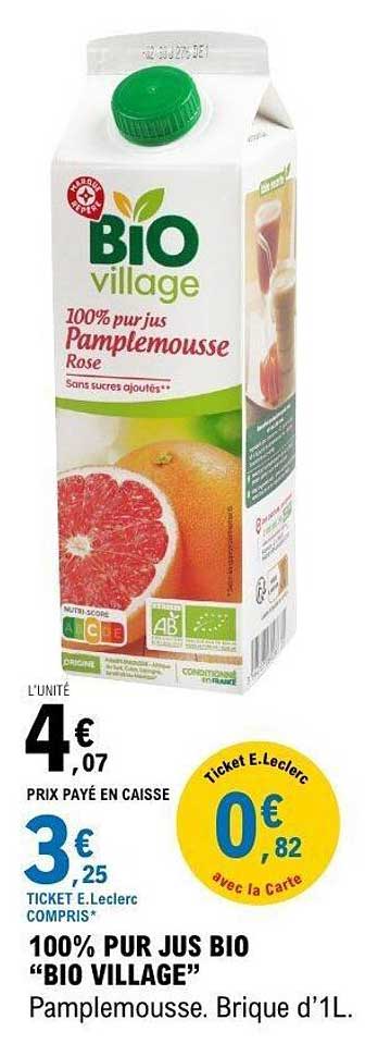 100% PUR JUS BIO "BIO VILLAGE" Pamplemousse. Brique d’1L.