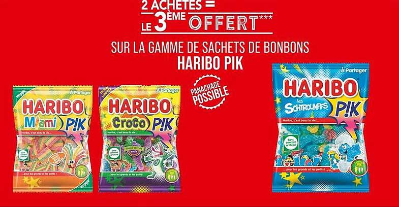 2 ACHETÉS = LE 3ème OFFERT*** SUR LA GAMME DE SACHETS DE BONBONS HARIBO PIK