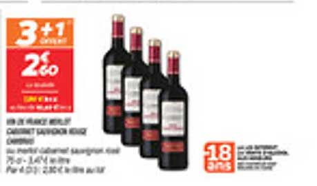 3 + 1 gratuit sur le vin rouge Cabernet Sauvignon