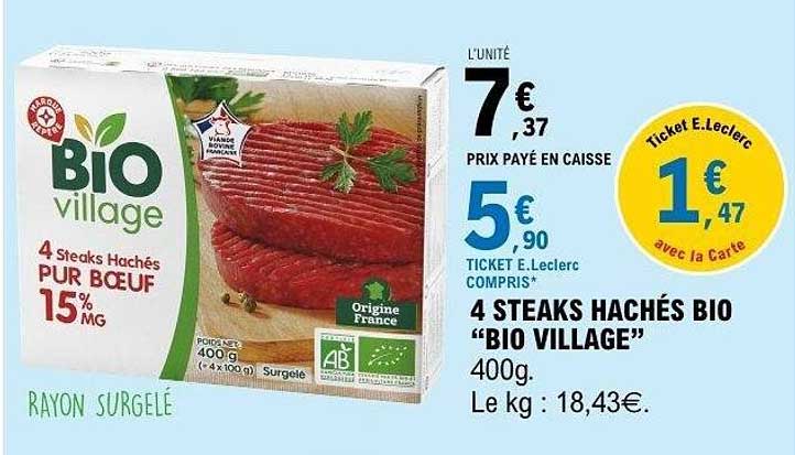 4 STEAKS HACHÉS BIO "BIO VILLAGE" 400g