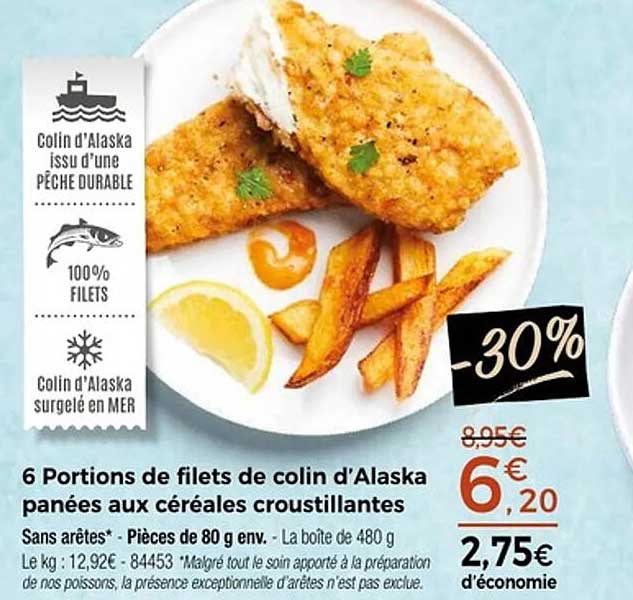 6 Portions de filets de colin d’Alaska panées aux céréales croustillantes