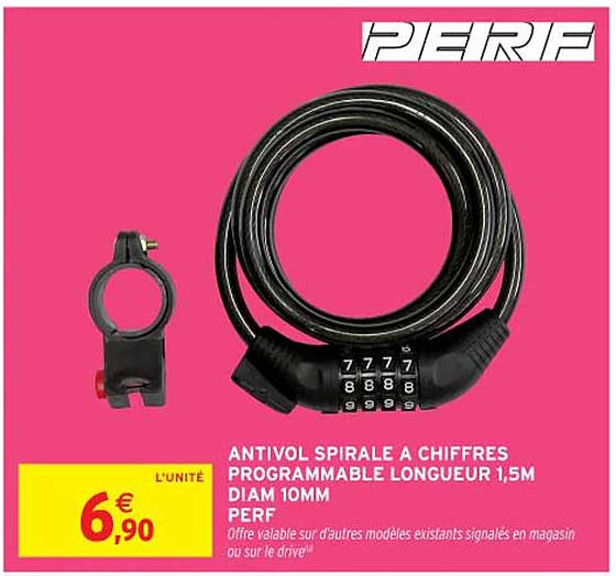 ANTIVOL SPIRALE A CHIFFRES PROGRAMMABLE LONGUEUR 1,5M DIAM 10MM PERF