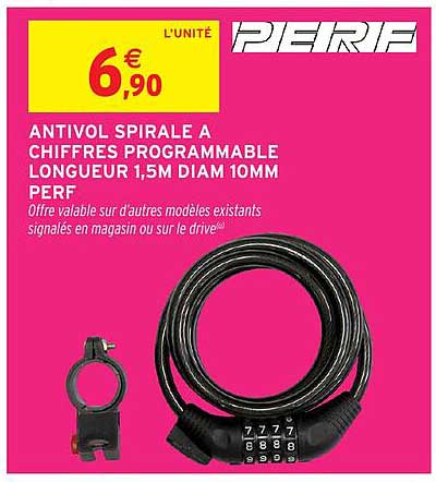 ANTIVOL SPIRALE À CHIFFRES PROGRAMMABLE LONGUEUR 1,5M DIAM 10MM PERF