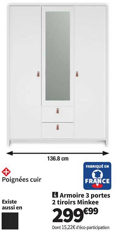 Armoire 3 portes 2 tiroirs Minkee