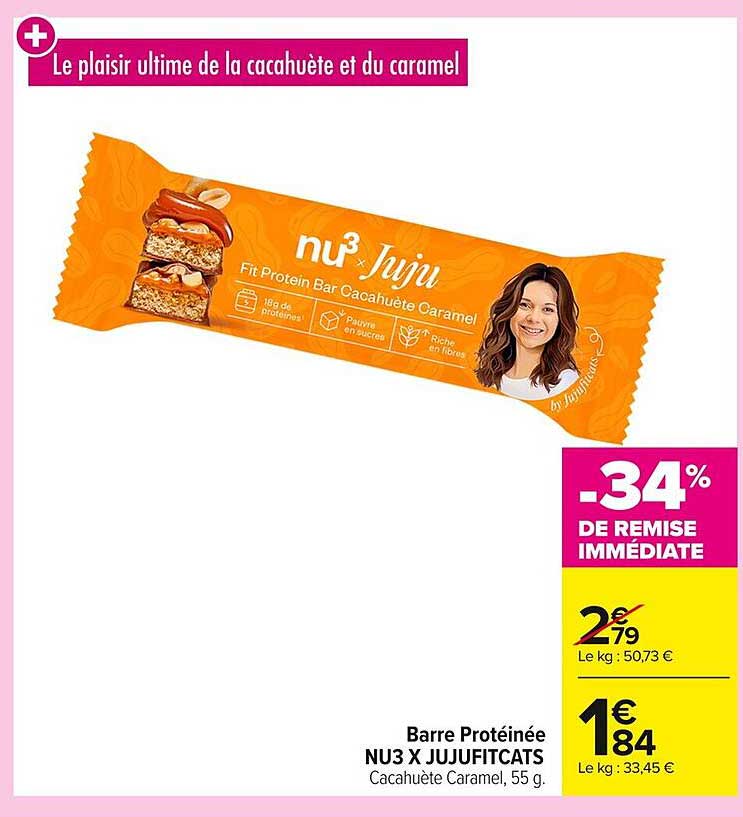 Barre Protéinée NU3 X JUJUFITCATS Cacahuète Caramel, 55 g