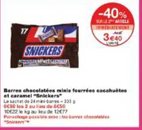 Barres chocolatées minis fourrées cacahuètes et caramel “Snickers”