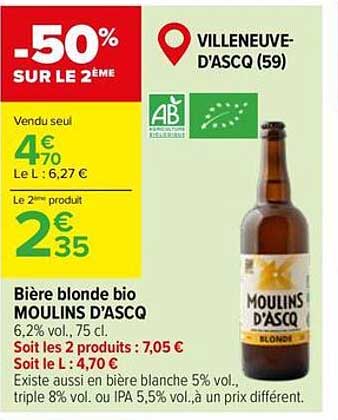 Bières blonde bio MOULINS D'ASCQ