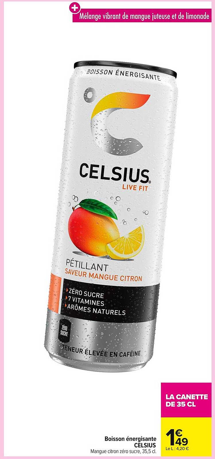 Boisson énergisante CELSIUS - Mangue citron zéro sucre, 35,5 cl