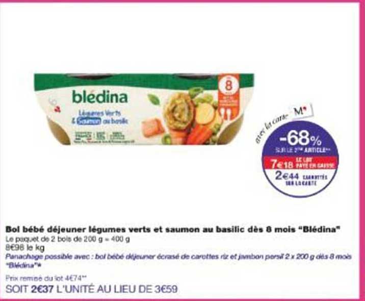 Bol bébé déjeuner légumes verts et saumon au basilic dès 8 mois "Bledina"
