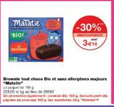 Brownie tout choco Bio et sans allergènes majeurs Matatie