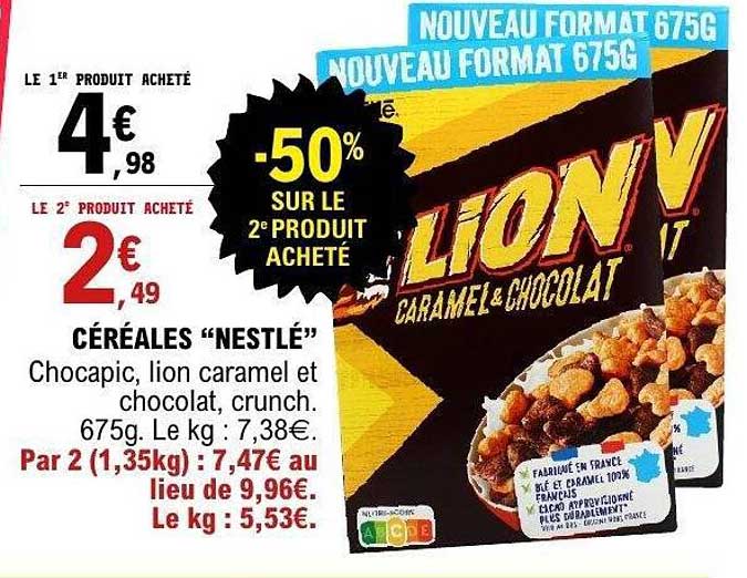 CÉRÉALES “NESTLÉ” Chocapic, lion caramel et chocolat, crunch.