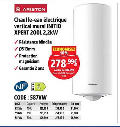 Chauffe-eau électrique vertical mural INITIO XPERT 200L 2,2kW