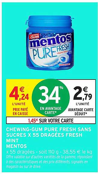 CHEWING-GUM PURE FRESH SANS SUCRES X 55 DRAGÉES FRESH MINT MENTOS