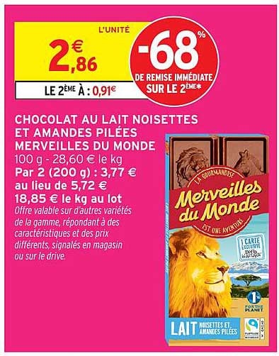 CHOCOLAT AU LAIT NOISETTES ET AMANDES PILÉES MERVEILLES DU MONDE