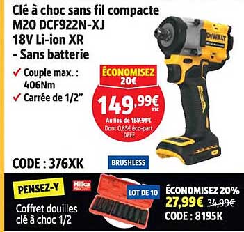 Clé à choc sans fil compacte M20 DCF922N-XJ 18V Li-ion XR - Sans batterie