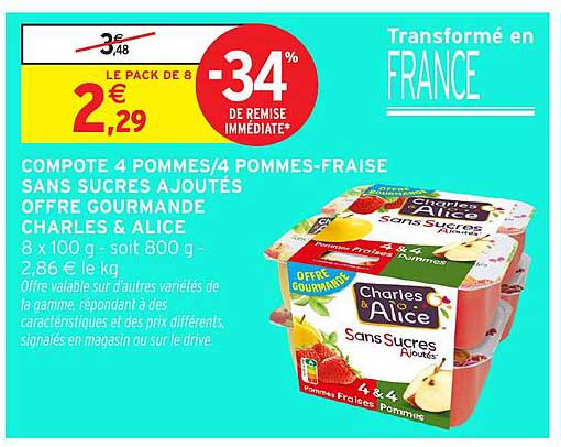 COMPOTE 4 POMMES/4 POMMES-FRAISE SANS SUCRES AJOUTÉS OFFRE GOURMANDE CHARLES & ALICE