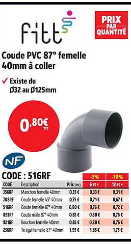 Coude PVC 87° femelle 40mm à coller