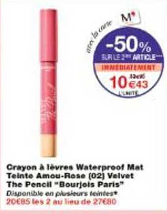 Crayon à lèvres Waterproof Mat Teinte Amou-Rose (02) Velvet The Pencil "Bourjois Paris"