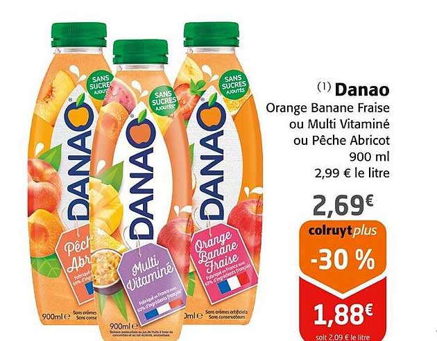 Danao Orange Banane Fraise ou Multi Vitamine ou Pêche Abricot 900 ml