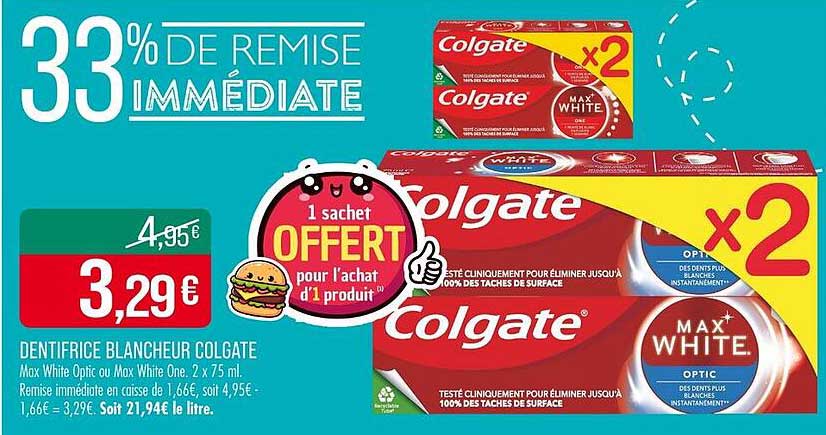 Dentifrice Blancheur Colgate Max White Optic ou Max White One