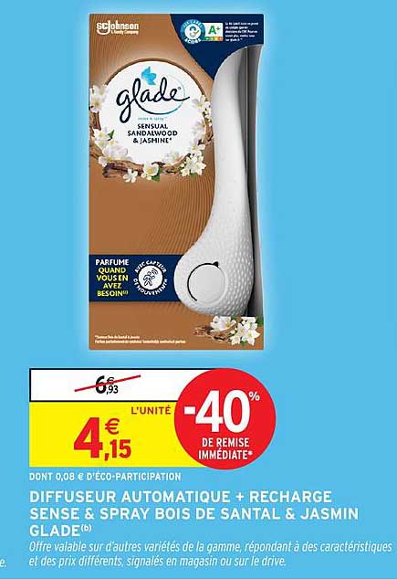 DIFFUSEUR AUTOMATIQUE + RECHARGE SENSE & SPRAY BOIS DE SANTAL & JASMIN GLADE